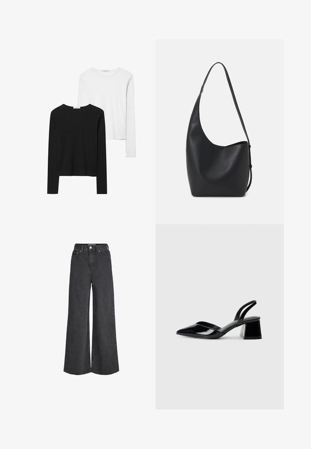 Črno-beli dolg rokav t-shirti z okroglimi izrezi, mehkim blagom in prilegajočim dizajnom z ravnimi robovi.; Visoko pasovane črne široke hlače iz džinsa z gumbom in zadrgo spredaj, petimi žepi in surovim robom.; Črne lakirane slingback pete s koničastim nosom in geometrijsko blokasto peto. Imajo eleganten, minimalističen dizajn in gladko teksturo.; Črna usnjena hobo torba z gladko teksturo, ukrivljeno obliko in eno nastavljivo naramnico; ima širok odprtina na vrhu.