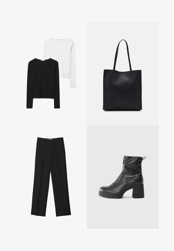 Schwarz-weiß gestreifte Langarmshirts mit Rundhalsausschnitten, weichem Stoff und einer taillierten Passform mit geraden Säumen.; Schwarze maßgeschneiderte Hosen mit geradem Bein, doppelten Falten, glatter Textur und dezenten Vordernahtdetails.; Schwarze Stiefeletten aus glattem Leder mit seitlichem Reißverschluss, klobigem strukturiertem Absatz und runder Zehenform.; Schwarze Laptoptasche aus Leder mit glatter Textur, rechteckiger Form und zwei langen Griffen. Keine sichtbaren Beschläge oder Verzierungen.