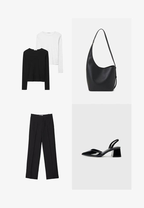 Črno-beli dolg rokav t-shirti z okroglimi izrezi, mehkim blagom in prilegajočim dizajnom z ravnimi robovi.; Črne krojene hlače s ravnim krojem, ki vključujejo dvojne nabirke, gladko teksturo in subtilne sprednje šive.; Črne lakirane slingback pete s koničastim nosom in geometrijsko blokasto peto. Imajo eleganten, minimalističen dizajn in gladko teksturo.; Črna usnjena hobo torba z gladko teksturo, ukrivljeno obliko in eno nastavljivo naramnico; ima širok odprtina na vrhu.