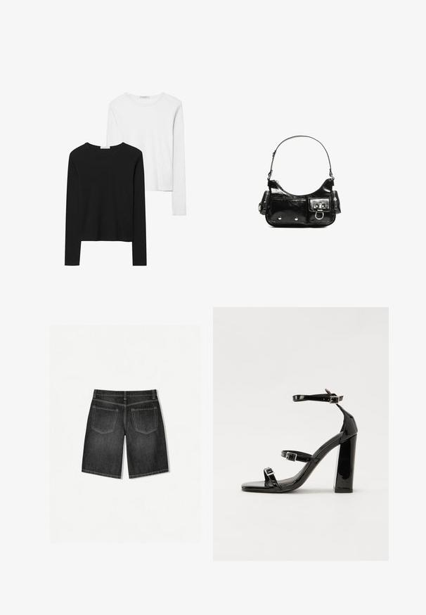 Crne i bijele majice dugih rukava, s okruglim izrezima, mekanim materijalom i uskim krojem sa ravnim rubovima.; Tamno sivi traper šorts s ravnim krojem, s dva stražnja džepa i suptilnim kontrastnim šavovima. Tkanina ima glatku teksturu.; Crne lakirane sandale na pete sa kvadratnim nosom, trakama oko gležnja i srebrnim kopčama. Imaju čvrst blok petu za stabilnost.; Crna patentna kožna torba s zakrivljenim oblikom, jednim remenom za rame, prednjim džepovima i akcentima od srebrnog tona.