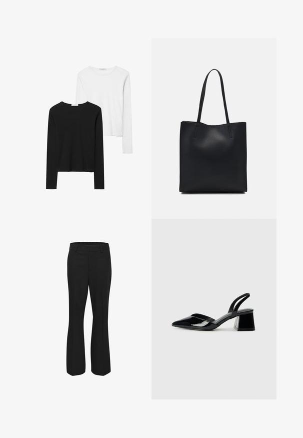 Sorte og hvide langærmede t-shirts med rund hals, blødt stof og en tætsiddende design med lige kant.; Sorte bukser lavet af glat stof, med en lige ben-design, flad front og sidelommer. Ingen synlige mønstre eller accenter.; Sorte patentlæder slingback hæle med spids tå og en geometrisk blok hæl. Har et elegant, minimalistisk design og en glat tekstur.; Sort læder tote taske med glat tekstur, rektangulær form og to lange hanke. Ingen synlig hardware eller udsmykninger.