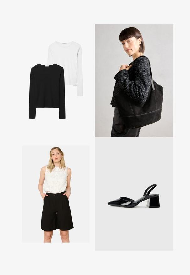 Črno-beli dolg rokav t-shirti z okroglimi izrezi, mehkim blagom in prilegajočim dizajnom z ravnimi robovi.; Bela čipkasta brezrokavna majica z ovratnikom na gumb, v kombinaciji z visokim črnim šortsem z stranskimi žepi in ohlapnim krojem.; Črne lakirane slingback pete s koničastim nosom in geometrijsko blokasto peto. Imajo eleganten, minimalističen dizajn in gladko teksturo.; Črna semiš torbica z gladko teksturo, strukturirano obliko in kontrastnim šivanjem. Ima dolge naramnice za nošenje na rami.