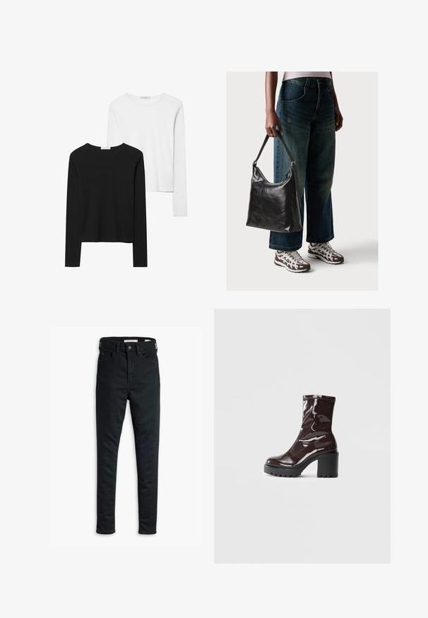 Black and white long-sleeve t-shirts, featuring round necklines, soft fabric, and a fitted design with straight hems.; Black slim-fit jeans with front button and zip closure, belt loops, and front and back pockets, displayed on a white background.; Glossy burgundy ankle boot with a chunky black heel, featuring a smooth texture and simple design. No visible fastenings or patterns.; Black leather shoulder bag with a smooth texture and adjustable strap, paired with faded wide-leg jeans and athletic sneakers.