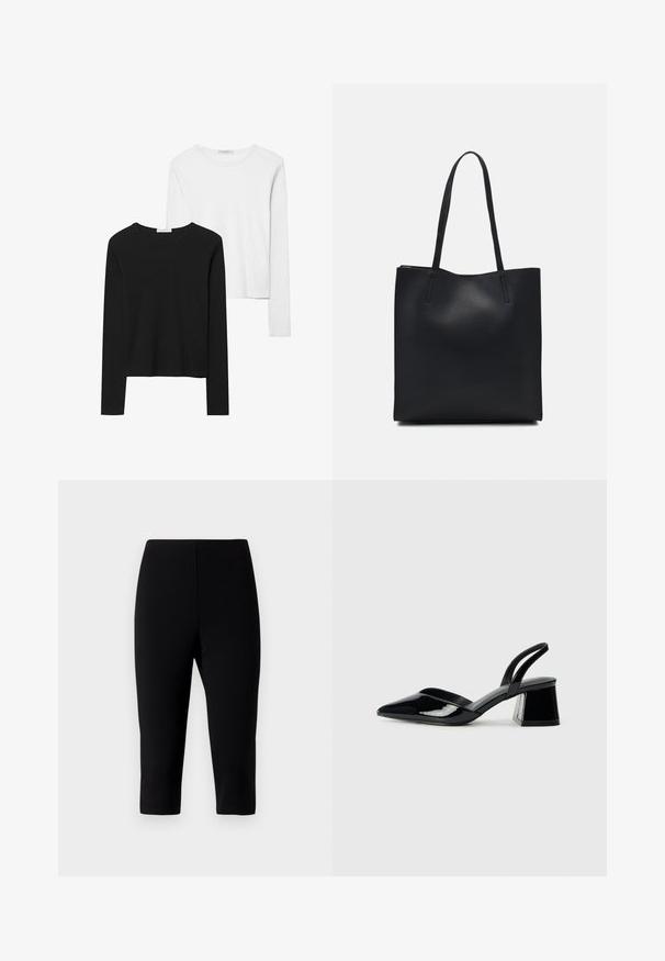 T-shirts à manches longues noir et blanc, avec des encolures rondes, un tissu doux et un design ajusté avec des ourlets droits.; Pantalons capri noirs en tissu extensible, avec un design ajusté qui se termine juste en dessous du genou, une texture lisse et sans coutures visibles.; Escarpins en cuir verni noir avec bout pointu et talon bloc géométrique. Présente un design élégant et minimaliste ainsi qu'une texture lisse.; Sac fourre-tout en cuir noir avec une texture lisse, de forme rectangulaire et deux longues poignées. Pas de matériel ou d'ornementations visibles.