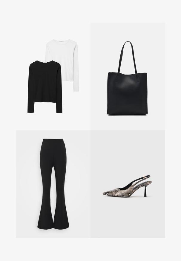 Crne i bijele majice dugih rukava, s okruglim izrezima, mekanim materijalom i uskim krojem sa ravnim rubovima.; Crne široke hlače napravljene od rastezljivog materijala. Dizajn sadrži visok struk i širok rub koji se širi ispod koljena.; Cipele s otvorenom petom i špicastim prstom izrađene od teksturiranog materijala sa uzorkom zmijske kože, s tankim crnim potplatom i izrezanim dizajnom sa strane.; Crna kožna torba za nošenje s glatkom teksturom, pravokutnim oblikom i dvije duge ručke. Nema vidljivih metalnih dijelova ili ukrasa.