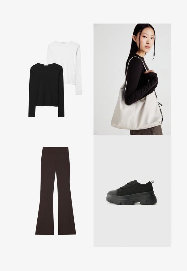 T-shirts à manches longues noir et blanc, avec des encolures rondes, un tissu doux et un design ajusté avec des ourlets droits.; Pantalons évasés marron avec une large ceinture, en tissu extensible. Présente des fentes sur les côtés au niveau de l'ourlet et des coutures à plat.; Baskets noires avec une semelle en caoutchouc épaisse, un dessus en tissu texturé, un bout rond et un design à lacets. Présente des œillets renforcés et une languette à l'arrière.; Sac à main beige en matériau souple, avec un design décontracté, des détails cousus et deux poignées. Idéal pour un usage quotidien.