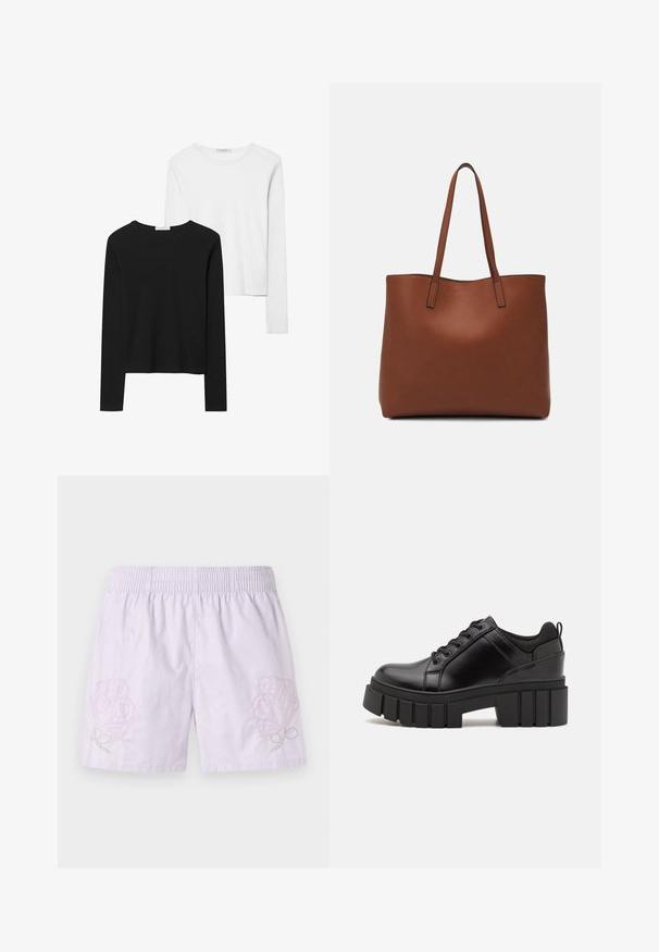Črno-beli dolg rokav t-shirti z okroglimi izrezi, mehkim blagom in prilegajočim dizajnom z ravnimi robovi.; Lila bombažna kratka hlače z elastičnim pasom, ki imajo mehak rožnato-zeleni vezenine na levi strani, gladka tekstura, sproščen dizajn.; Črne usnjene platforme z debelim blokastim petam, okroglo konico in klasičnim vezanjem. Imajo gladko teksturo in minimalne podrobnosti.; Rjava usnjena torba z gladko teksturo, odprto zasnovo zgoraj in dvema naramnima trakovoma. Opremljena je z minimalnim šivanjem in brez vidnih kovinskih delov.