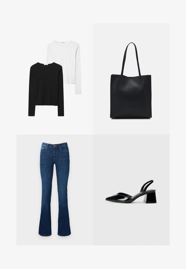 Crne i bijele majice dugih rukava, s okruglim izrezima, mekanim materijalom i uskim krojem sa ravnim rubovima.; Plave traperice raširenog kroja s srednjim strukom, koje imaju prednje i stražnje džepove, narančasti šav i kopčanje na gumb.; Crne lakirane kožne sandale s otvorenom petom i špicastim vrhom, s geometrijskom blok petom. Imaju elegantan, minimalistički dizajn i glatku teksturu.; Crna kožna torba za nošenje s glatkom teksturom, pravokutnim oblikom i dvije duge ručke. Nema vidljivih metalnih dijelova ili ukrasa.