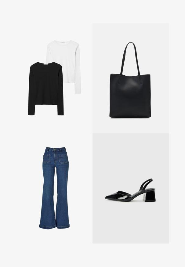 Črno-beli dolg rokav t-shirti z okroglimi izrezi, mehkim blagom in prilegajočim dizajnom z ravnimi robovi.; Visoko pasne razširjene kavbojke iz temno modrega denima, z petimi žepi, rumenim šivom in gumbom za zapenjanje pri pasu.; Črne lakirane slingback pete s koničastim nosom in geometrijsko blokasto peto. Imajo eleganten, minimalističen dizajn in gladko teksturo.; Črna usnjena torba s svilnato teksturo, pravokotne oblike in dvema dolgima ročajema. Brez vidnih metalnih delov ali okrasnih elementov.