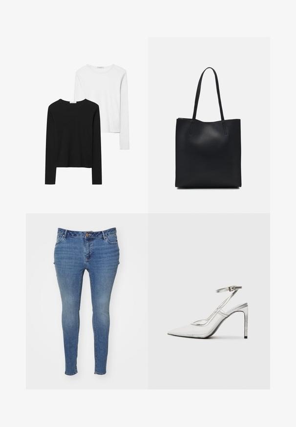 Črno-beli dolg rokav t-shirti z okroglimi izrezi, mehkim blagom in prilegajočim dizajnom z ravnimi robovi.; Usnje modre kavbojke slender kroja iz denima s svetlim zaključkom. Imajo zasnovo s petimi žepi in gumbe z zapiranjem v pasu.; Prozoren špikasti petni čevelj s koničastim nosom, iz prozornega materiala, s kovinskimi srebrnimi dodatki in nastavljivim trakom za gleženj.; Črna usnjena torba s svilnato teksturo, pravokotne oblike in dvema dolgima ročajema. Brez vidnih metalnih delov ali okrasnih elementov.