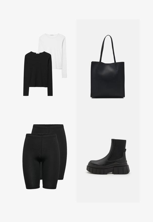 Črno-beli dolg rokav t-shirti z okroglimi izrezi, mehkim blagom in prilegajočim dizajnom z ravnimi robovi.; Dve pare črnih kompresijskih hlačic, izdelanih iz raztegljive tkanine, z gladko teksturo, elastičnim pasom in oprijetim krojem.; Črne gležnjarje iz gladke usnje s elastikami na straneh, z masivnim podplatom in teksturiranim dizajnom podplata.; Črna usnjena torba s svilnato teksturo, pravokotne oblike in dvema dolgima ročajema. Brez vidnih metalnih delov ali okrasnih elementov.