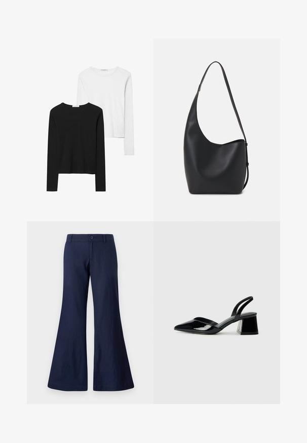 Crne i bijele majice dugih rukava, s okruglim izrezima, mekanim materijalom i uskim krojem sa ravnim rubovima.; Pantalone od tamnoplave pamuka s flared krojem, s kopčanjem na dugme, petljama za remen i glatkom teksturom te širokim nogavicama.; Crne lakirane kožne sandale s otvorenom petom i špicastim vrhom, s geometrijskom blok petom. Imaju elegantan, minimalistički dizajn i glatku teksturu.; Crna kožna hobo torba s glatkom teksturom, zakrivljenim oblikom i jednom podesivom trakicom; ima širok otvor na vrhu.