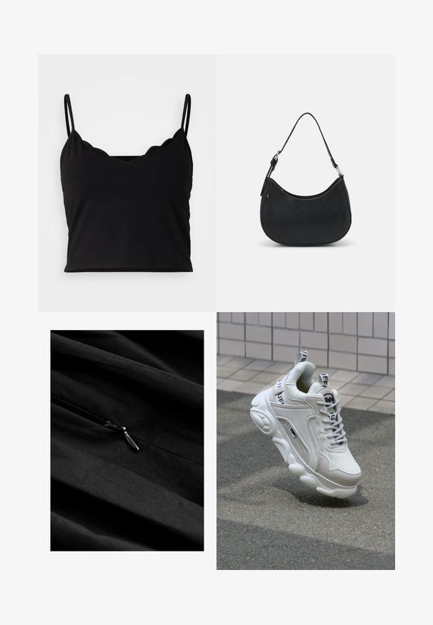 Even&Odd Top - black; Zwarte stof met een gladde textuur en een zichtbare rits. De rits heeft een metalen trekker die subtiel opgaat in het donkere materiaal.; Witte sneaker van mesh en leer, met een ronde neus, dikke zool, opvallende veters en merklogo op de hak en tong.; Zwarte hobo tas van soepel leer met een gebogen silhouet, voorzien van een enkele verstelbare schouderriem en minimalistische ontwerpdetails.