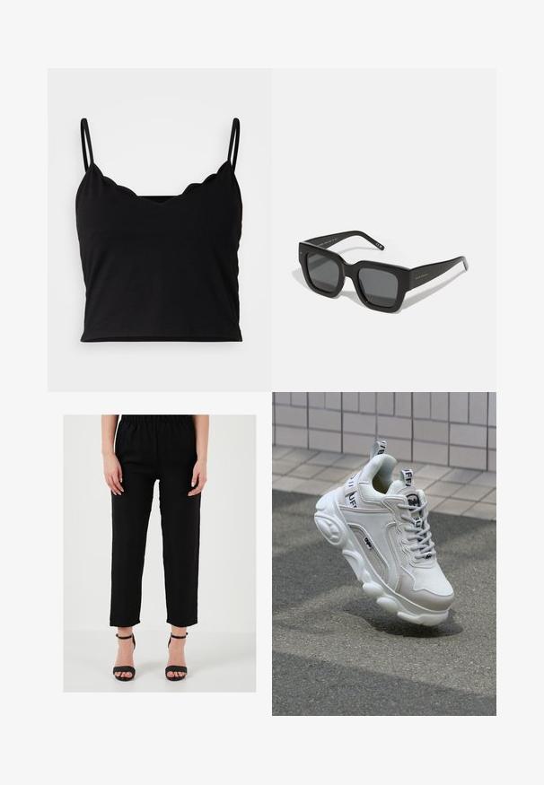 Even&Odd Top - black; Crne platnene hlače s elastičnim pojasom, ravnog kroja i do članaka, uparenih s crnim sandalama na visoku petu s trakama.; Bijela tenisica od mrežastog i kožnog materijala, zaobljenog vrha, debele đonove, istaknutih vezica te s brendingom na peti i jeziku.; Crne kvadratne sunčane naočale s tamnim lećama, debelim plastičnim okvirom i elegantnim štapovima. Imaju suptilan logotip sa strane.