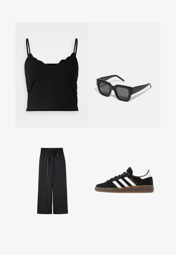Even&Odd Top - black; Zwarte, lichte, wijde broek met een elastische tailleband en strikkoord, met een gladde textuur en zonder zichtbare patronen of accenten.; Zwarte Adidas sneaker met witte strepen, gouden "Spezial" tekst, gumzool en witte hieltab, weergegeven in zijaanzicht.; Zwarte vierkante zonnebril met donkere lenzen, een dik plastic montuur en slanke pootjes. Bevat subtiele branding aan de zijkant.; Zwarte faux-krokodillenleder handtas met een gestructureerd ontwerp, gouden hardware, een bovenhandgreep en een magnetische klepsluiting.