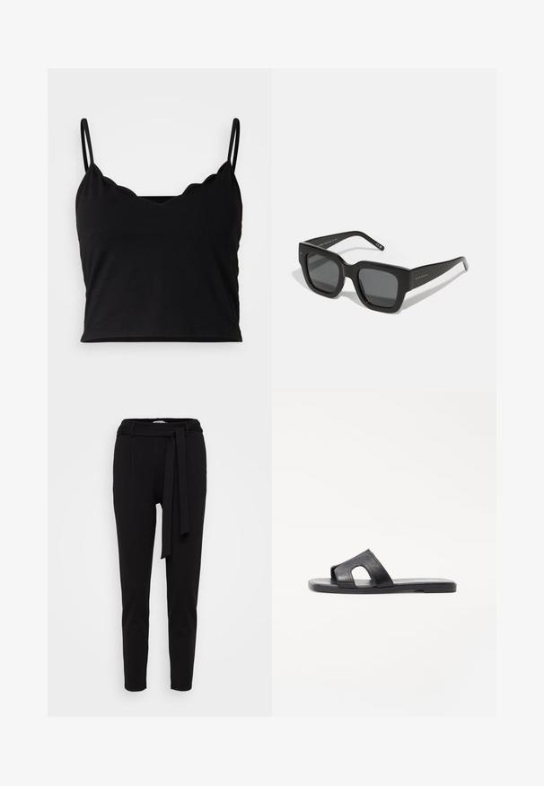 Even&Odd Top - black; Čierne zúžené nohavice vyrobené z mäkkej látky, so širokým pásom a látkovým opaskom, a dvoma prednými vreckami. Hladká textúra a minimalistický dizajn.; Čierne kožené šľapky s výrezom, plochou podrážkou a hladkým povrchom. Jednoduchý tvar bez dekoratívnych akcentov.; Čierne štvorcové slnečné okuliare s tmavými sklami, hrubým plastovým rámom a elegantnými stranami. Na boku sú umiestnené jemné logo.