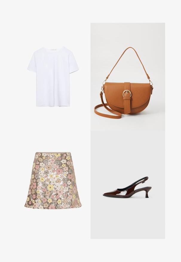 Lyhythihainen valkoinen t-paita pyöreällä pääntiellä ja suoralinjaisella helmalla, esillä valkoisella taustalla.; Hame dantel floral yang menampilkan bentuk melebar. Warna-warna termasuk pink, kuning, beige, dan abu-abu dengan permukaan yang tekstur dan berkilau.; Ruske patentin nahkalijatke sa špicastim nosom i umjerenom petom. Sadrže remen s kopčom za sigurno pristajanje. Glatka tekstura.; Ruskean nahkainen olkalaukku, jossa on kaareva muoto, kultaiset yksityiskohdat ja solkiyksityiskohta. Varustettu irrotettavalla olkahihnalla.