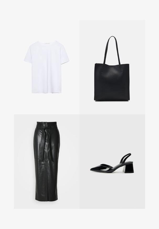 Prosta, biała koszulka z krótkim rękawem i okrągłym dekoltem, z prostym wykończeniem, wyeksponowana na białym tle.; Czarna skórzana spódnica o wysokim stanie, z paskiem i prostym krojem. Charakteryzuje się subtelnym połyskiem oraz rozcięciem z przodu dla swobody ruchów.; Czarne lakierowane półbuty na obcasie z wydłużonym noskiem i geometrycznym słupkiem. Charakteryzują się eleganckim, minimalistycznym designem oraz gładką fakturą.; Czarna skórzana torba tote o gładkiej fakturze, prostokątnym kształcie i dwóch długich uchwytach. Brak widocznych elementów metalowych i ozdób.