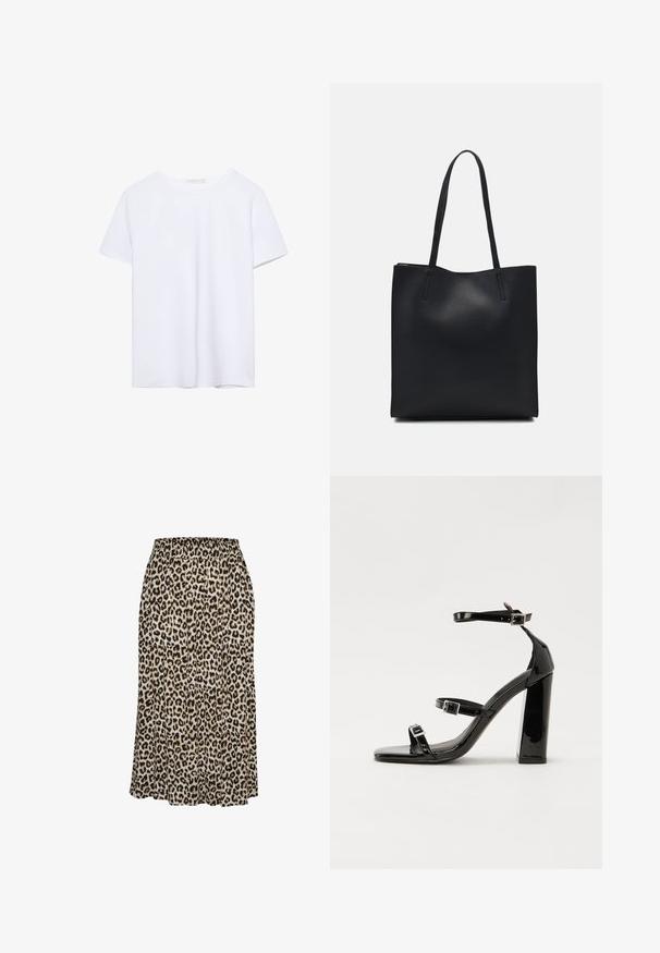 Čista bela majica s kratkimi rokavi in okroglim ovratnikom, z ravnim robom, prikazana na beli podlagi.; Krilo z leopardjim vzorcem, izdelano iz lahkotne tkanine, z elastičnim pasom in razširjenim silhuetom, ki sega do sredine meč.; Črne lakirane sandale s peto, kvadratnim prstom, trakovi okrog gležnja in srebrnimi zaponkami. Opremljene so s stabilno Debelo peto.; Črna usnjena torba s svilnato teksturo, pravokotne oblike in dvema dolgima ročajema. Brez vidnih metalnih delov ali okrasnih elementov.