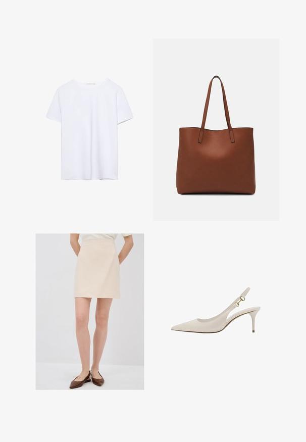 Ein einfarbiges weißes T-Shirt mit kurzen Ärmeln und Rundhalsausschnitt, mit geradem Saum, auf einem weißen Hintergrund präsentiert.; Hellbeige Minirock mit strukturiertem Finish, schlanker Silhouette und Taillenbund, kombiniert mit braunen Slippers.; Beige Riemchenpumps aus Leder mit spitzem Zeh, dünnem Absatz und goldenen Hardware-Akzenten am Riemen. Glatte Oberfläche durchgehend.; Braune Leder-Tote mit glatter Textur, offenem Oberteil und zwei Schulterriemen. Verfügt über minimale Nähte und keine sichtbaren Beschläge.