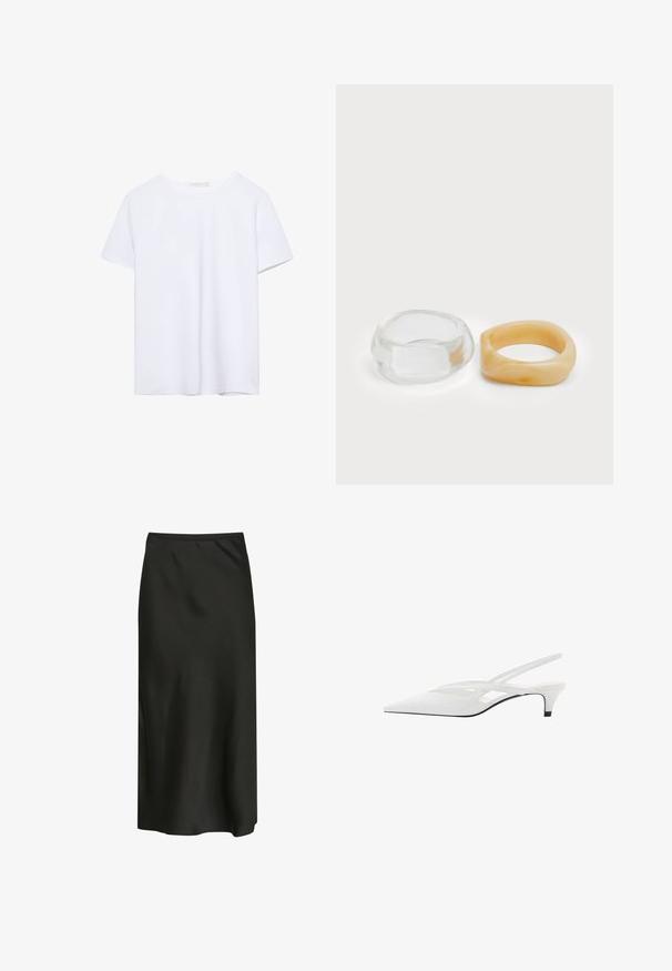 Prosta, biała koszulka z krótkim rękawem i okrągłym dekoltem, z prostym wykończeniem, wyeksponowana na białym tle.; Czarna midi spódnica wykonana z gładkiego, lekkiego materiału. Ma prosty krój, elastyczny pas oraz subtelną poświatę.; Biała szpilka na odkrytej pięcie z ostrym noskiem, charakteryzująca się gładką cholewką, subtelnymi wycięciami i niskim obcasem w kształcie bloku. Czarna podeszwa podkreśla design.; Jasne i bursztynowe pierścionki z żywicy, jeden gładki i przezroczysty, drugi z teksturowanym, bursztynowym wykończeniem. Oba mają zaokrąglone, masywne kształty.