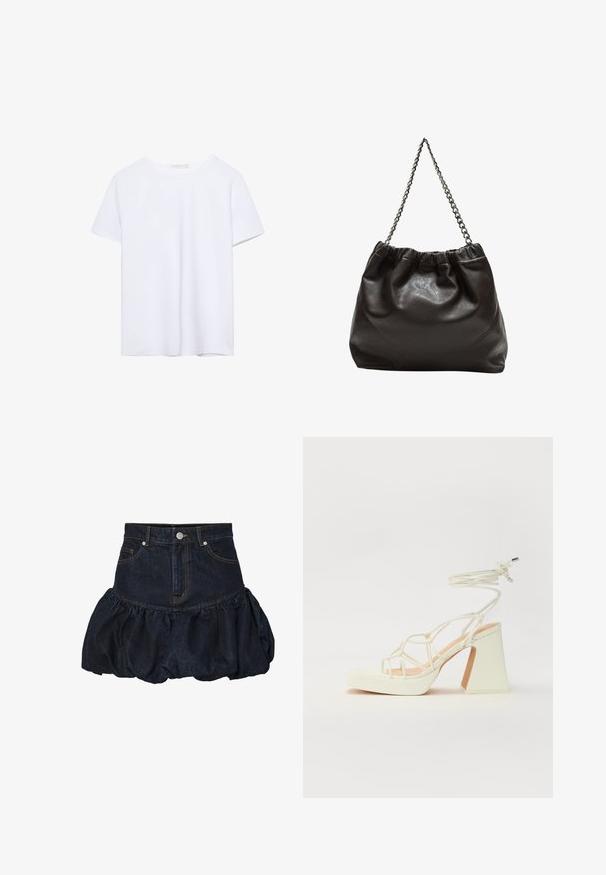 Rakt skuren vit t-shirt med kort ärm och rund Halsringning, visad på en vit bakgrund.; Mörk denimkjol med hög midja och en rynkad, puffig volangkant. Har framfickor och knäppning med metallknapp.; Vit högklackad sandal med en kraftig klack, med ett remdesign och ankelband. Slät textur med en plattform framtill för ökad höjd.; Brun läderväska med rynkad topp och kedjesnodd. Slät textur med en blankslipad yta och subtila sömdetaljer på sidorna.