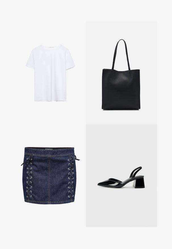Hladké biele tričko s krátkym rukávom a okrúhlym výstrihom, s rovnými lemami, vystavené na bielom pozadí.; Džínová minisukňa v tmavomodrej farbe s postranným šnurovaním a striebornými okami. Obsahuje hladkú textúru a kontrastné švy.; Čierne lakované kožené sandálové podpätky s špicatou špičkou a geometrickým blokovým podpätkom. Disponujú elegantným, minimalistickým dizajnom a hladkým povrchom.; Čierna kožená taška na rameno s hladkým povrchom, obdĺžnikovým tvarom a dvoma dlhými uchami. Bez viditeľného kovania alebo ozdôb.