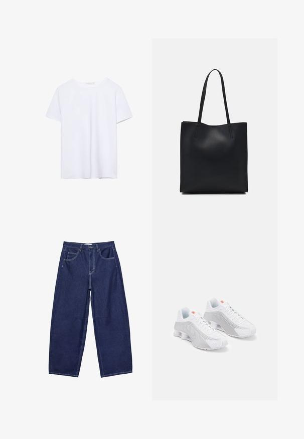 Prosta, biała koszulka z krótkim rękawem i okrągłym dekoltem, z prostym wykończeniem, wyeksponowana na białym tle.; Granatowe dżinsowe spodnie z szerokimi nogawkami i wysokim stanem, pięć kieszeni oraz kontrastowe białe szwy. Gładka faktura, klasyczny design.; Białe buty biegowe z szarymi akcentami, z teksturowaną cholewką, perforacjami dla wentylacji oraz segmentowanym piętą dla amortyzacji.; Czarna skórzana torba tote o gładkiej fakturze, prostokątnym kształcie i dwóch długich uchwytach. Brak widocznych elementów metalowych i ozdób.
