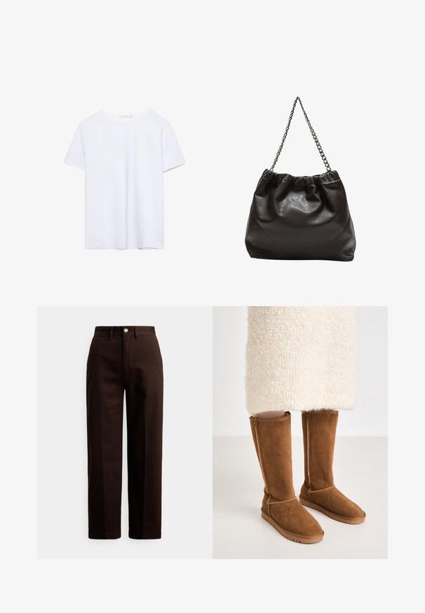 Čista bela majica s kratkimi rokavi in okroglim ovratnikom, z ravnim robom, prikazana na beli podlagi.; Temno rjave ravne hlače z gumbi in zadrgo, z zankami za pas in sprednjimi žepi na belem ozadju.; Gležnjarji iz rjave suede usnja, ki dosežejo do kolen, z gladko teksturo, ob strani z usnjenimi šivi ter gumijastim podplatom za boljši oprijem.; Rjava usnjena torba z nabranim vrhom in verižnim trakom. Gladka tekstura z sijajno površino in subtilnimi šivi na straneh.