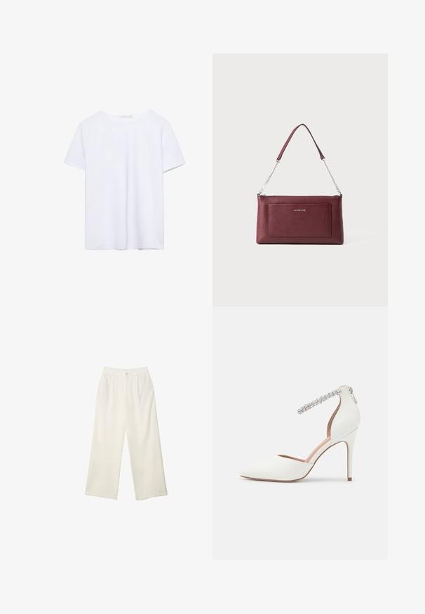 Puur witte t-shirt met korte mouwen en ronde halslijn, met een rechte zoom, weergegeven op een witte achtergrond.; Brede broekspijpen in crème stof met een gladde textuur, voorzien van een enkele frontknop, subtiele plooien en een hoge taille.; Witte hoge hak schoen met een spitse neusontwerp, van leer, verstelbare enkelband versierd met rhinestones en een slanke stiletto hak.; Bordeaux leren handtas met een gestructureerd oppervlak, slanke rechthoekige vorm, afneembare kettingriem en logoaccent aan de voorkant.
