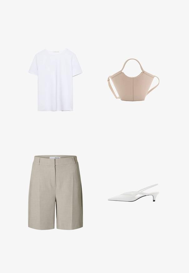 Puur witte t-shirt met korte mouwen en ronde halslijn, met een rechte zoom, weergegeven op een witte achtergrond.; Beige op maat gemaakte shorts met een gladde textuur, voorzien van een vlakke voorkant en zijzakken. Gemaakt van lichtgewicht stof voor comfort.; Witte slingback hak met spitse neus, voorzien van een gladde bovenkant, subtiele uitsparingen en een lage blokhak. Zwarte zool accentueert het ontwerp.; Beige leren handtas met een unieke vorm, voorzien van twee korte handvatten en een lange verstelbare schouderriem. Glad oppervlak met minimale hardware.