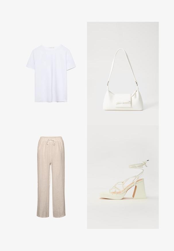 Ein einfarbiges weißes T-Shirt mit kurzen Ärmeln und Rundhalsausschnitt, mit geradem Saum, auf einem weißen Hintergrund präsentiert.; Leinenhosen in hellem Beige mit elastischem Bund und Kordelzug, die eine lockere Passform und ein gerades Bein-Design aufweisen.; Weiße High-Heel-Sandale mit einem klobigen Absatz, die über ein Riemchendesign und ein Knöchelband verfügt. Glatte Textur mit einer Plattform vorne für zusätzliche Höhe.; Weiße synthetische Handtasche in dreieckiger Form, flache Vorderklappe und Schleifendetail, verstellbarer Trageriemen, glatte Textur und minimalistisches Design.