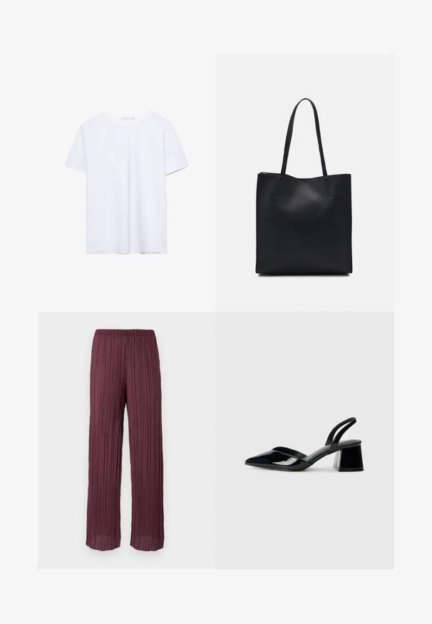 Hladké biele tričko s krátkym rukávom a okrúhlym výstrihom, s rovnými lemami, vystavené na bielom pozadí.; Plisované nohavice v hlbokej burgundskej farbe s elastickým pásom, s voľným strihom a širokými nohavicami a vertikálnymi záhybmi po celom obvode.; Čierne lakované kožené sandálové podpätky s špicatou špičkou a geometrickým blokovým podpätkom. Disponujú elegantným, minimalistickým dizajnom a hladkým povrchom.; Čierna kožená taška na rameno s hladkým povrchom, obdĺžnikovým tvarom a dvoma dlhými uchami. Bez viditeľného kovania alebo ozdôb.