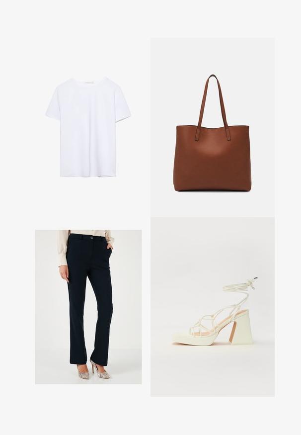 Lyhythihainen valkoinen t-paita pyöreällä pääntiellä ja suoralinjaisella helmalla, esillä valkoisella taustalla.; Tummansinisiin muotonsa mukaiseen housut, joissa on sileä rakenne, suorat lahkeet, etutaskut ja napitus, yhdistettynä metallisiin korkokenkiin.; Valkoinen korkokenkä, jossa on paksu korko, ja joka sisältää nauhakiinnityksen ja nilkkaketjun. Sujuva pinta, jossa on platform-etupohja lisäkorkeutta varten.; Ruskea nahkainen olkalaukku, jossa on sileä pinta, avoin yläosa ja kaksi olkahihnaa. Omaavat vain minimaalisen ompelun eikä näkyvää metalliosaa.