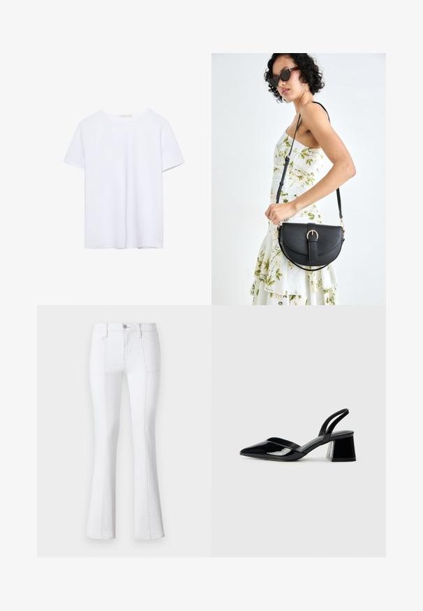 Lyhythihainen valkoinen t-paita pyöreällä pääntiellä ja suoralinjaisella helmalla, esillä valkoisella taustalla.; Valkoiset farkut, joissa on leveät lahkeet ja korkea vyötärö, kontrastivärillä ommellut saumat, etutaskut ja vetoketjuhytti. Sujuva ja kestävä kankaan rakenne.; Mustat patentoitu nahkakengät, joissa on säären takaosa ja terävä kärki, sekä geometrinen palikkakorko. Sisältää tyylikkään, minimalistisen muotoilun ja sileän pinnan.; Musta nahkainen käsilaukku, joka on kaareva muotoilultaan, irrotettavalla hihnalla ja kultaisilla yksityiskohdilla. Laukussa on läppä, jossa on solk yksityiskohta.