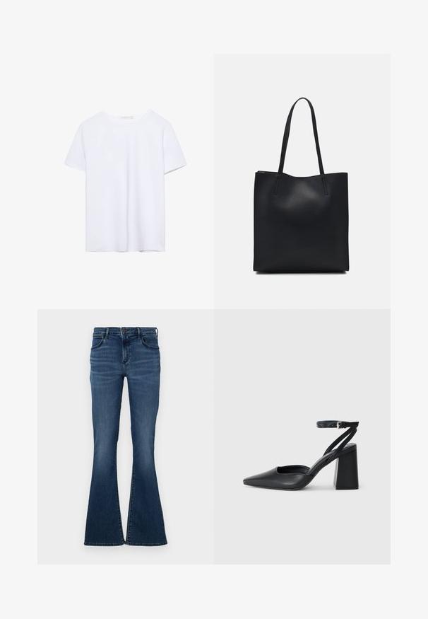 Ein einfarbiges weißes T-Shirt mit kurzen Ärmeln und Rundhalsausschnitt, mit geradem Saum, auf einem weißen Hintergrund präsentiert.; Dunkelblaue Schlagjeans mit einem Fünf-Taschen-Design, aus Denimmaterial, einem Bund mit Knopfverschluss und dezentem Verblassen an der Vorderseite.; Schwarze Leder-Pumps mit spitzer Zehe, einem Knöchelriemen und einem blockigen Absatz. Flache Textur, elegantes Design und minimalistische Ästhetik.; Schwarze Laptoptasche aus Leder mit glatter Textur, rechteckiger Form und zwei langen Griffen. Keine sichtbaren Beschläge oder Verzierungen.