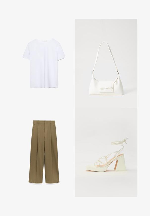 Prosta, biała koszulka z krótkim rękawem i okrągłym dekoltem, z prostym wykończeniem, wyeksponowana na białym tle.; Spodnie o wysokim stanie, szerokie nogawki w oliwkowej zieleni, z szlufkami na pasek, plisami z przodu, bocznymi kieszeniami i ukrytym zapięciem z przodu.; Biała sandał na wysokim obcasie z masywnym słupkiem, z paskowym wzorem i wiązaniem przy kostce. Gładka faktura z platformą z przodu dla dodatkowej wysokości.; Biała syntetyczna torba o trójkątnym kształcie, płaskim przednim klapce i detalach w postaci kokardy, regulowanym pasku, gładkiej fakturze oraz minimalistycznym designie.