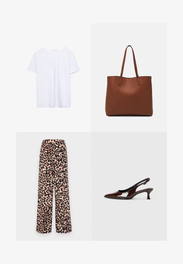 Čista bela majica s kratkimi rokavi in okroglim ovratnikom, z ravnim robom, prikazana na beli podlagi.; Široke hlače iz mehkega blaga z leopardjim vzorcem v toplem bež in temno rjavem odtenku, z elastičnim pasom za udobje.; Rjavi lakirani slingback čevelj z ostro konico in zmerno peto. Ima zaponko za varno prileganje. Gladka tekstura.; Rjava usnjena torba z gladko teksturo, odprto zasnovo zgoraj in dvema naramnima trakovoma. Opremljena je z minimalnim šivanjem in brez vidnih kovinskih delov.