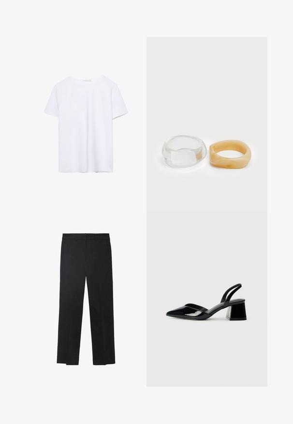 T-shirt bianco a maniche corte con collo rotondo e orlo dritto, esposto su uno sfondo bianco.; Pantaloni neri in tessuto liscio, con design a gamba dritta, tasche frontali e una vita piatta senza hardware o decorazioni visibili.; Décolleté in vernice nera con punta affusolata e tacco in geometria cubica. Presentano un design elegante e minimalista, con una texture liscia.; Anelli in resina trasparente e ambra, uno liscio e trasparente, l'altro con una finitura testurizzata in ambra. Entrambi presentano un design rotondo e corposo.