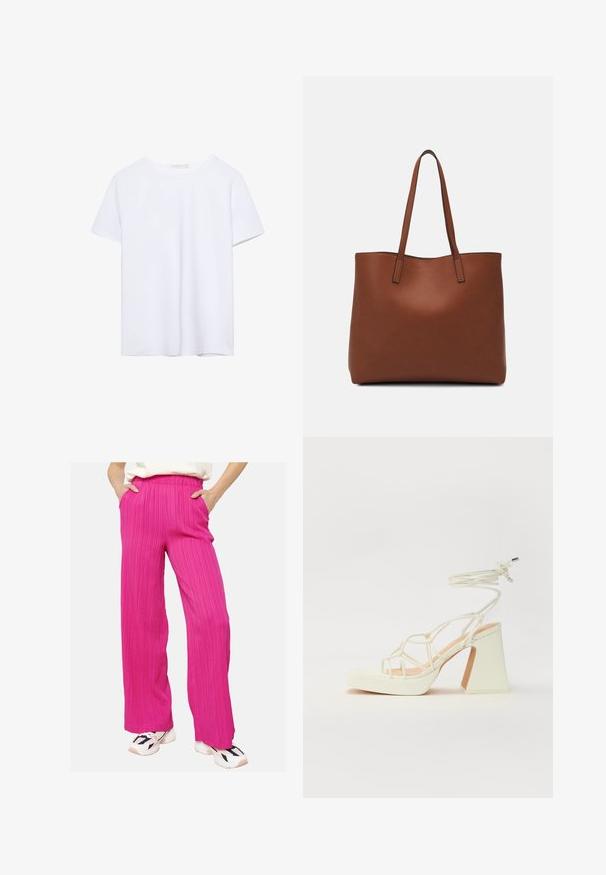 Plain white short-sleeve crew neck t-shirt with a straight hem, displayed on a white background.; Pink, wide-leg pants with a textured fabric, elastic waistband, and side pockets, paired with white sneakers featuring black accents.; White high-heeled sandal with a chunky heel, featuring a strappy design and ankle tie. Smooth texture with a platform front for added height.; Brown leather tote bag with a smooth texture, open top design, and two shoulder straps. Features minimal stitching and no visible hardware.