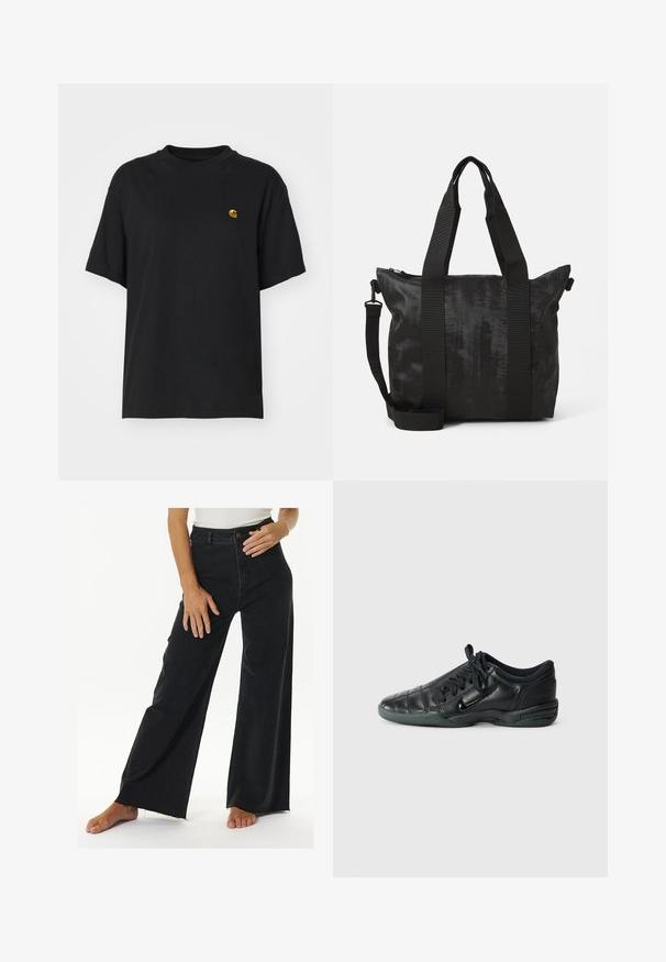 Sort bomulds T-shirt med en afslappet pasform. Har en rund halsudskæring og korte ærmer. Inkluderer et lille guld broderet logo på brystet.; Højtaljede sorte brede jeans lavet af denim, med knap- og lynlåslukning, rå kant-detaljer og sidelommer.; Sorte læder sportssko med quiltet design, rund tå, snørret foran og gummisål. Har subtil branding på siden.; Sorte tote taske med tekstureret stof, dobbelt topremme og en aftagelig skulderrem. Har en lynlåslukning for sikker opbevaring.