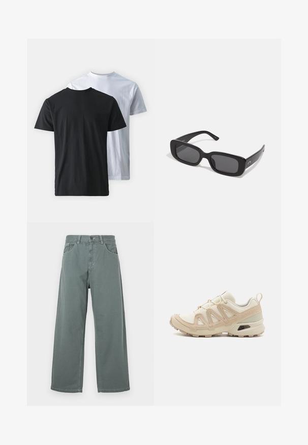 Kaks puuvillast T-särki, mis on näidatud seljaga vastakuti: üks must ja teine valge. Mõlemal on lühikesed varrukad ja ümar kaelus, ning need olevat sileda tekstuuriga.; Laiad püksid tuhmrohelisest puuvillast, klassikalise vöökoha, vöörihmade, eesolevate taskute ja kontrastsete õmblusdetailidega.; Beež ja koobalti spordijalats tekstureeritud võrkkattega, toetavad ülemised kihid ja kummist tallaga, millel on mustriga joonistus haardeks.; Mustad mustad päikeseprillid tumedate läätsedega, siledast plastikust raamiga ja laiad käed. Nüansiline brändimine küljel.