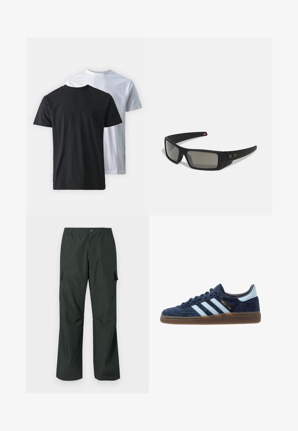 Duas t-shirts de algodão mostradas costas com costas: uma preta e uma branca. Ambas apresentam mangas curtas e decotes redondos, com uma textura suave.; Calças cargo verde-escuras com um corte descontraído, cintura elástica, bolsos cosidos e uma textura de tecido suave e leve.; Sapatilha Adidas em camurça azul marinho com riscas azul claras, sola de borracha, tab para o calcanhar azul claro e a marcação dourada "Spezial" na lateral.; Óculos de sol pretos com acabamento mate, lentes retangulares, leve curvatura nas hastes, detalhe sutil do logo e lentes de cor fumada.