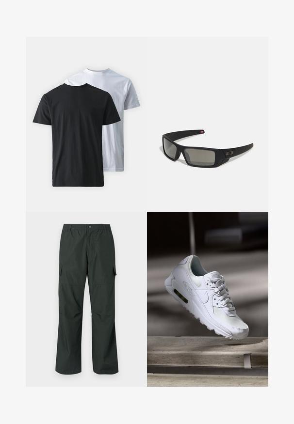 Dva pamučna T-majice prikazana leđa uz leđa: jedna crna i jedna bijela. Obje imaju kratke rukave i okrugle izreze, s glatkom teksturom.; Tamnozelene cargo hlače s opuštenim fitom, elastičnim pojasom, prošivenim džepovima i glatkom, laganom teksturom.; Bijela Nike Air Max 90 tenisica s gornjim dijelom od mrežice i kože, perforiranim prstima i vidljivom zračnom jedinicom u peti.; Crne sunčane naočale s mat površinom, pravokutnim staklima, blagim zakrivljenjima na sljepoočnicama, suptilnim logotipom i dimnim staklima.