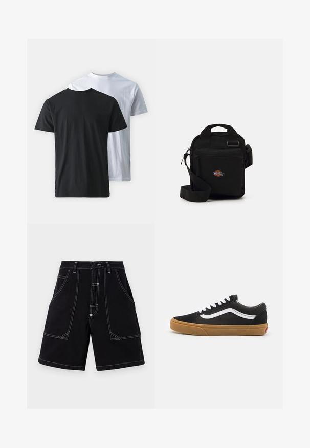 Deux t-shirts en coton montrés dos à dos : un noir et un blanc. Tous deux possèdent des manches courtes et un col rond, avec une texture lisse.; Shorts cargo noirs avec des coutures contrastantes blanches, plusieurs poches et une coupe droite. Fabriqués en tissu durable, texture lisse.; Baskets en daim noir avec une rayure blanche sur le côté, lacets blancs et semelle en caoutchouc beige. Design classique basse avec des accents texturés et un bout arrondi.; Sac à bandoulière noir avec une poche zippée, de forme rectangulaire, fabriqué en tissu, avec un patch logo à l'avant, bandoulière réglable.