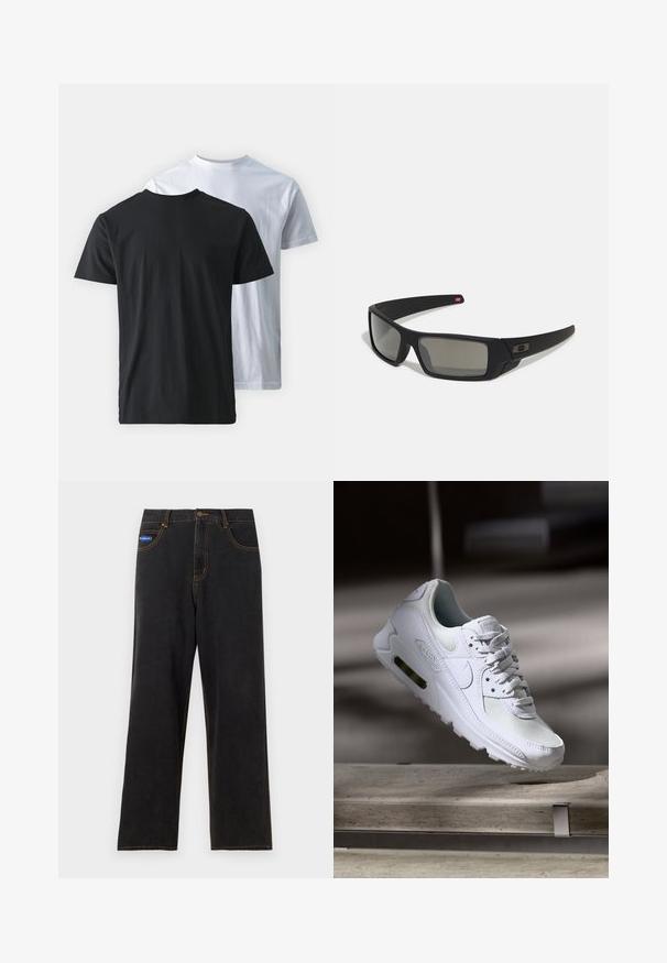 Divas divas kokvilnas T-krekli, kas parādīti viens pret otru: viens melns un viens balts. Abiem ir īsas piedurknes un apaļas kakla izgriezumi, ar gludu tekstūru.; Melnas džinsa bikses ar taisnām kājām, kontrastējošām oranžām vīlēm, piecām kabatām un pogu aizdari. Iespējams neliels zils zīmola simbols.; Baltas Nike Air Max 90 sporta apavi ar sietu un ādas augšdaļu, caurspīdīgu pirksta daļu un redzamu gaisa vienību papēdī.; Melni saulesbrilles ar matētu apdari, taisnstūra lēcām, nedaudz izliektiem tempļiem, smalkiem logotipa elementiem un dūmu nokrāsas lēcām.