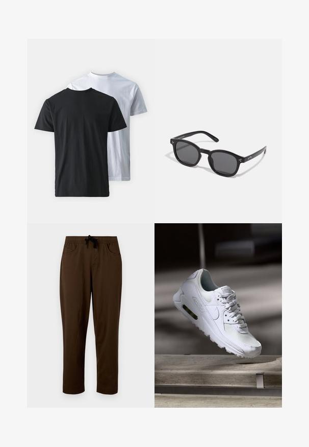 Dos camisetas de algodón mostradas de espaldas: una negra y una blanca. Ambas tienen mangas cortas y cuellos redondos, con una textura suave.; Pantalones de algodón marrón con cintura ajustable, dos bolsillos laterales y un corte relajado. Textura suave y diseño de pierna recta.; Zapatilla Nike Air Max 90 blanca con parte superior de malla y cuero, caja de puntera perforada y unidad de aire visible en el talón.; Gafas de sol ovaladas negras con lentes oscuros, montura gruesa y acentos de puntos plateados a los lados. Material de plástico suave, diseño contemporáneo.