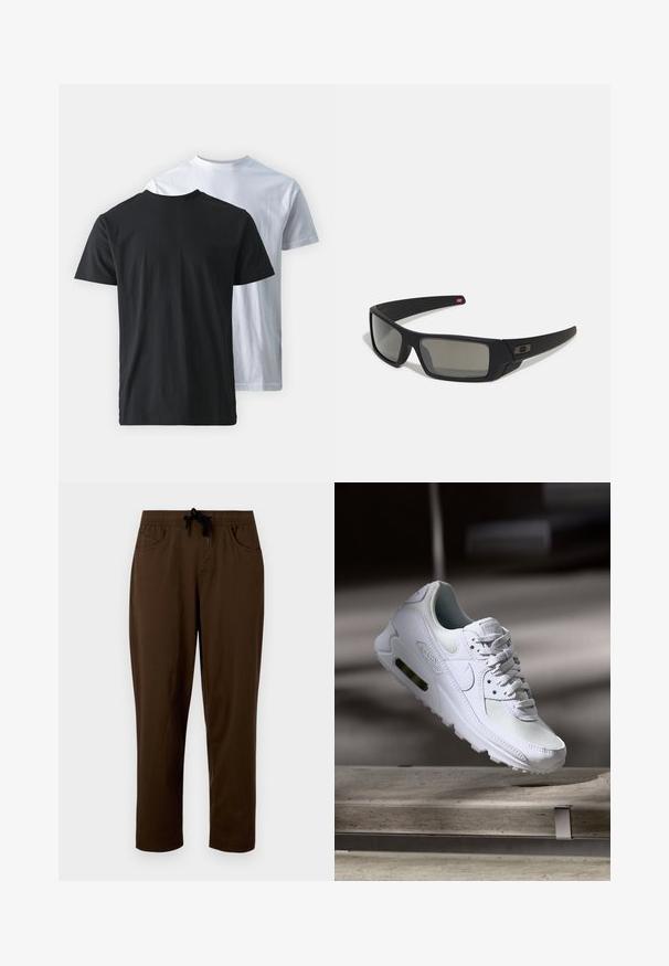 Deux t-shirts en coton montrés dos à dos : un noir et un blanc. Tous deux possèdent des manches courtes et un col rond, avec une texture lisse.; Pantalons en coton marron avec taille à cordon, deux poches latérales et coupe décontractée. Texture lisse et design à jambe droite.; Sneaker Nike Air Max 90 blanche avec une tige en mesh et cuir, une boîte à orteils perforée et une unité air visible au talon.; Lunettes de soleil noires avec une finition mate, verres rectangulaires, légère courbure sur les branches, détail de logo subtil et verres teintés fumés.