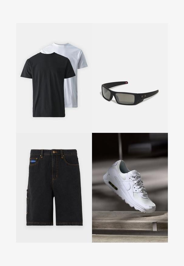 Kaksi puuvillapaitaa, jotka on asetettu selkäkkäin: yksi musta ja yksi valkoinen. Molemmissa on lyhyet hihat ja pyöreät kaula-aukot, ja ne ovat sileitä tekstuuriltaan.; Mustat farkkushortsit etutaskuilla, sivutaskulla ja oranssilla ompeleella. Varustettu metallinappikiinnityksellä ja logopatchilla.; Valkoiset Nike Air Max 90 -lenkkarit, joissa on verkko- ja nahkapinta, rei'itetty kärki ja näkyvä ilmayksikkö kantapäässä.; Mustat aurinkolasit matta-pinnalla, suorakulmaiset linssit, hieman kaarevat tempaukset, hienovarainen logo-yksityiskohta ja savunväriset linssit.