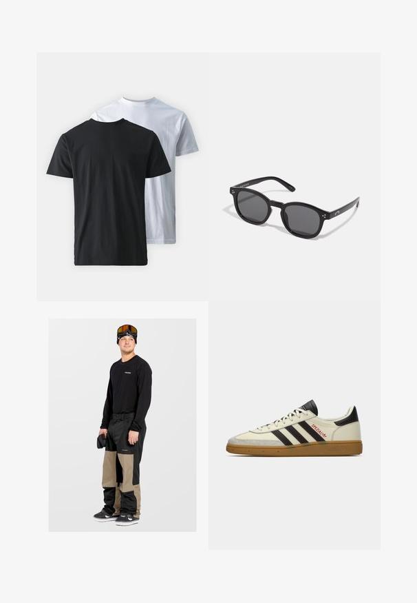 Kaksi puuvillapaitaa, jotka on asetettu selkäkkäin: yksi musta ja yksi valkoinen. Molemmissa on lyhyet hihat ja pyöreät kaula-aukot, ja ne ovat sileitä tekstuuriltaan.; Musta pitkähihaine paita logolla, vaaleanruskeat ja mustat vedenkestävät housut, mustat lenkkarit, suojalasit ja pipo päässä, kädet pitämässä hanskaa.; Kreemi ja mustad Adidas Spezial tossud, millel on kummist talla, mustad triibud, punane õmblus ja "Spezial" bränding küljel.; Mustat soikeat aurinkolasit tummilla linsseillä, paksuilla kehyksillä ja hopeisilla pistekoristeilla sivuilla. Liukas muovimateriaali, nykyaikainen muotoilu.